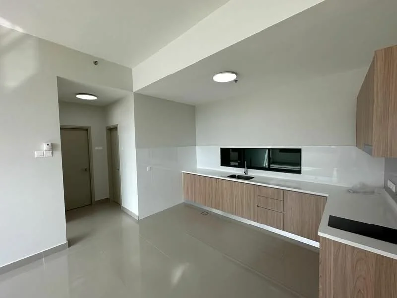 Kitchen features: white glossy backsplash, light wood cabinetry, white countertop, stainless-steel sink, chrome pull-down faucet, built-in oven, induction hob, recessed ceiling lights, tile flooring, open layout, large window, neutral wall color; style: modern. Room features: door leading to hallway, neutral wall color, light fixture.