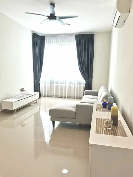Living features: 3-seater fabric sofa in light grey, white coffee table, TV console, floor-to-ceiling window, sheer curtains, blackout curtains, recessed downlights, ceiling fan, polished tile flooring, decorative candles, decorative vases, wall-mounted air conditioning unit; style: modern.