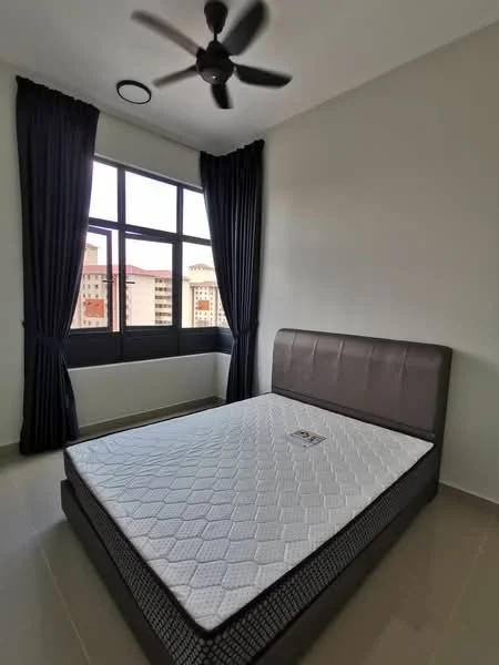 Bedroom features: queen-size bed, black upholstered headboard, white mattress, floor-to-ceiling windows, blackout curtains, light grey painted walls, ceiling fan, tile flooring; style: modern; view: city.