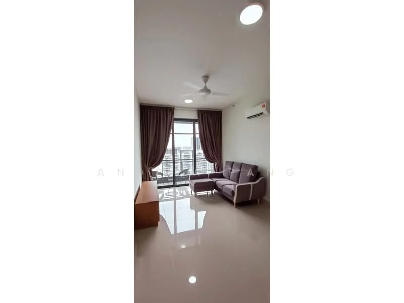 Living features: 3-seater fabric sofa in grey, coffee table, floor-to-ceiling windows, curtains, wall-mounted split AC, ceiling fan, recessed downlights, glossy tile flooring, neutral wall colour; style: modern; view: city.