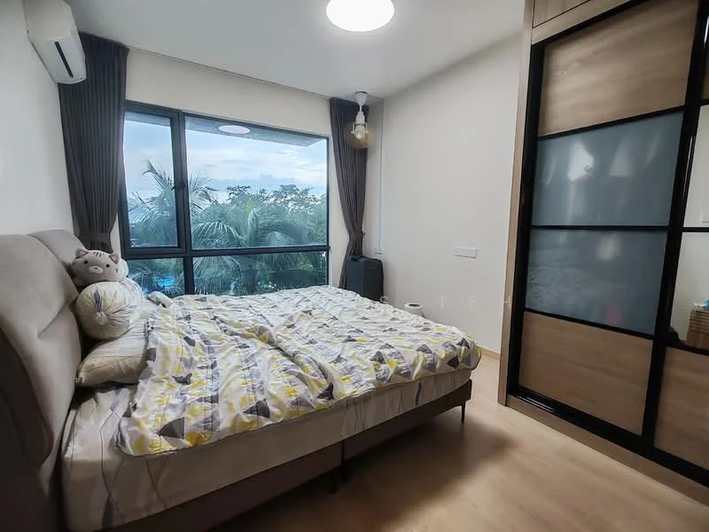 Bedroom features: king-size bed with upholstered headboard, bedding with yellow and grey pattern, floor-to-ceiling windows, curtains, wooden flooring, wall-mounted air conditioning unit, decorative pendant light, built-in wardrobe with sliding doors, houseplants visible outside the window; style: modern; view: garden.
