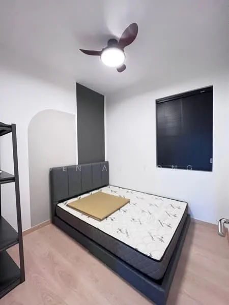 Bedroom features: queen-size bed frame without mattress, light grey upholstered headboard, 5-blade ceiling fan with light, blackout roller blinds, light wood flooring, white painted walls, grey accent wall, open shelving unit, decorative wall arch; style: modern.