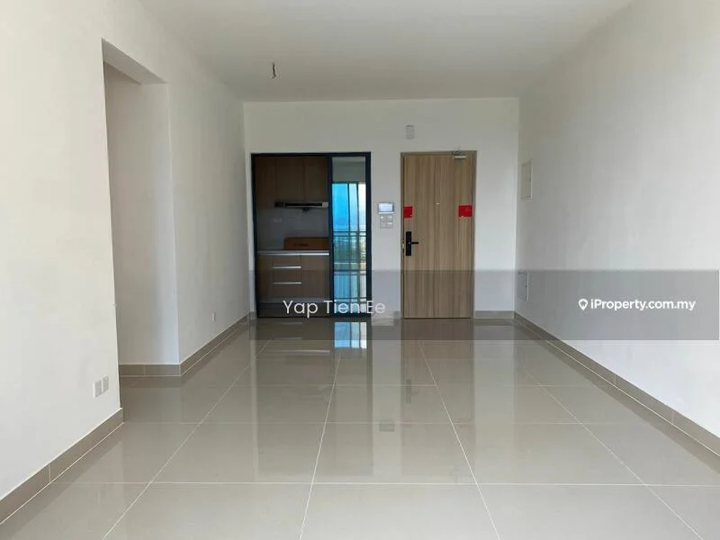 Room features: white painted walls, glossy ceramic tile flooring, recessed downlights, open layout, kitchen area visible in background, main entrance door, large window with view, neutral color scheme; style: modern; view: city.
