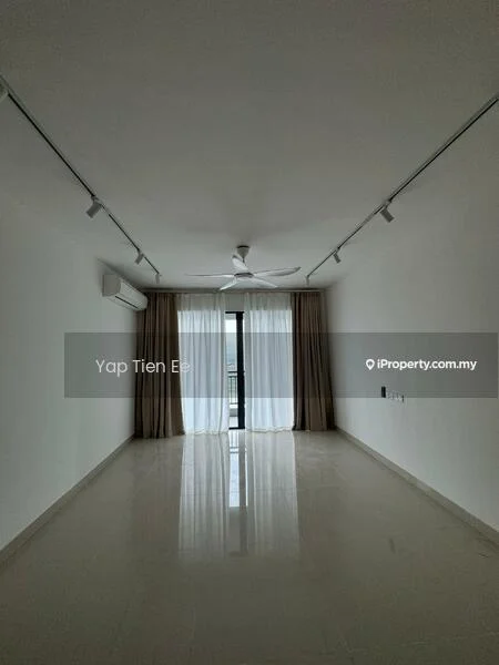 Living features: white painted walls, polished tile flooring, 5-blade ceiling fan, floor-to-ceiling windows, sliding glass door, sheer curtains, recessed downlights; style: modern.
