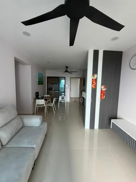 Living features: light grey fabric sofa, 5-blade ceiling fan, recessed downlights, white walls, glossy tile flooring, wall-mounted clock, decorative wall paneling, open layout to dining area, large windows for natural light; style: modern. Kitchen features: wood cabinetry, stainless-steel appliances, open-plan layout, countertop with bar seating; style: modern.