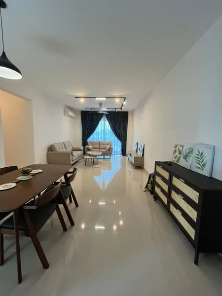Living features: 3-seater fabric sofa in beige, 2-seater fabric sofa in beige, coffee table, TV console, wall-mounted TV, area rug, floor-to-ceiling windows, blackout curtains, recessed downlights, polished tile flooring, decorative artwork, air conditioning unit; style: modern. Dining features: 6-seater dining table, wooden dining chairs, decorative plates on the table; style: modern.