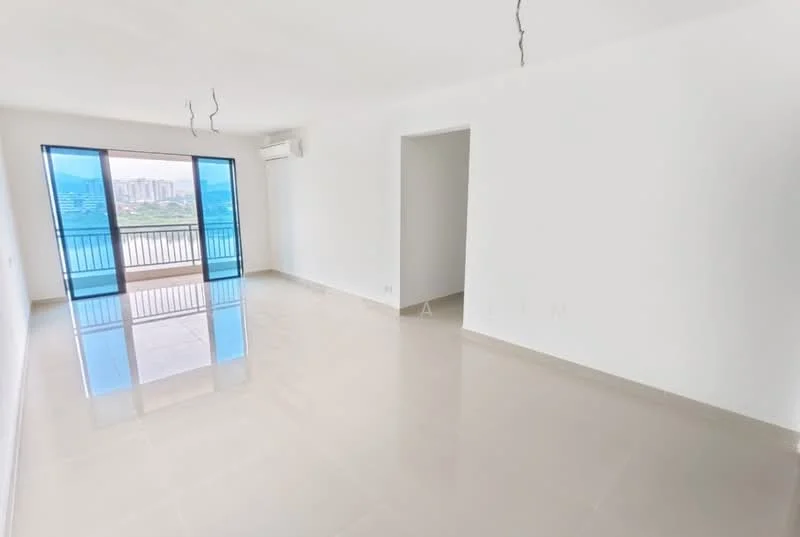 Living features: white painted walls, glossy ceramic tile flooring, floor-to-ceiling windows, sliding glass door, air conditioning unit, recessed downlights, balcony access, city view; style: modern; view: city.