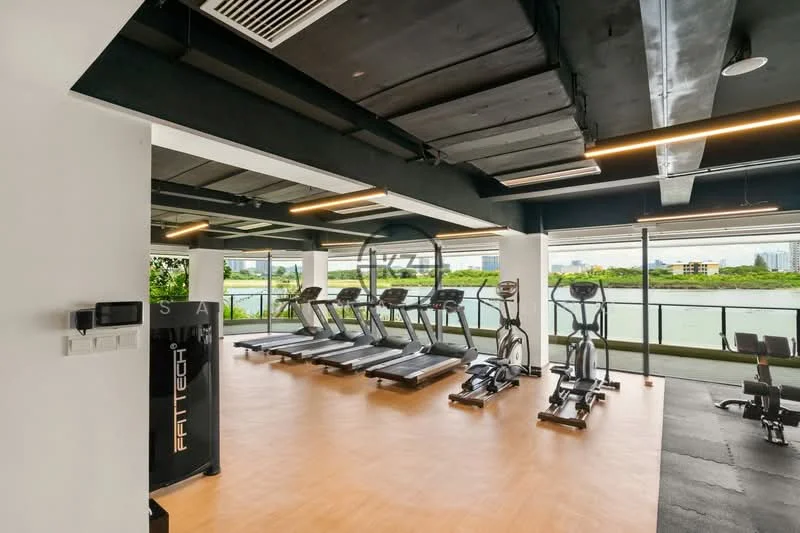 Gym features: treadmills, elliptical machines, exercise bikes, rubber flooring, large windows with city view, suspended ceiling with exposed beams, LED strip lighting, wall-mounted mirrors, air conditioning unit; style: modern; view: city.