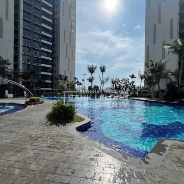 Exterior type: high-rise condominium; features: infinity pool, pool deck with loungers, landscaped garden, tropical landscaping, surrounded by palm trees, water feature, modern architectural design, two high-rise buildings, sunlight reflecting on water, clear blue sky; style: modern.