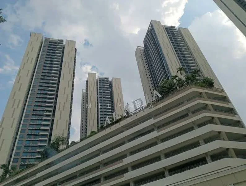 Exterior type: high-rise condominium; features: glass curtain wall, cream painted facade, multiple storeys, balconies on upper floors, landscaped terrace, parking deck, surrounded by greenery; style: modern.