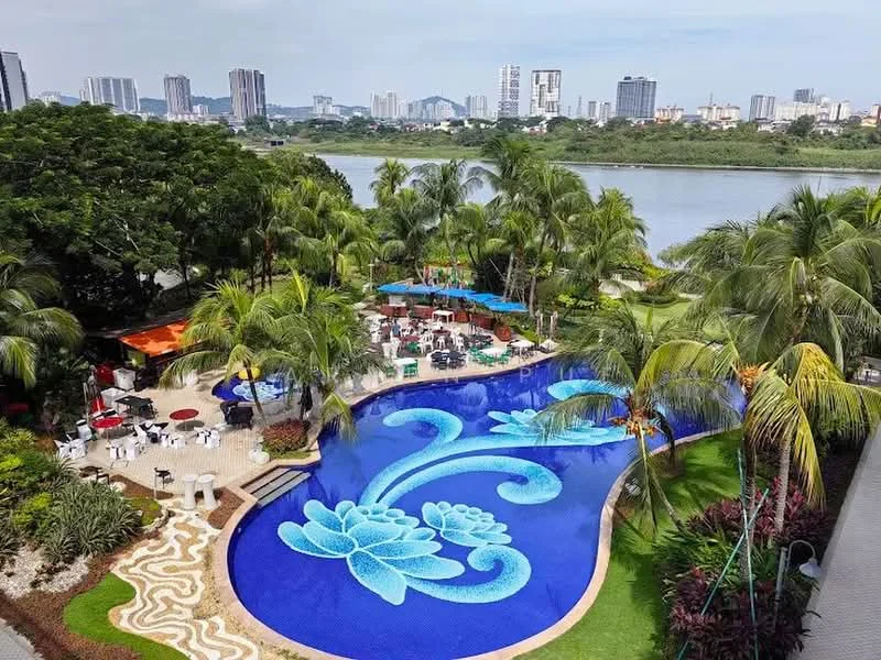 Exterior type: landscape garden; features: infinity pool with decorative tiles, pool deck with loungers, tropical landscaping with palm trees, manicured lawn, outdoor dining area with tables and chairs, surrounding greenery, city skyline in background, waterfront view; style: tropical-modern.