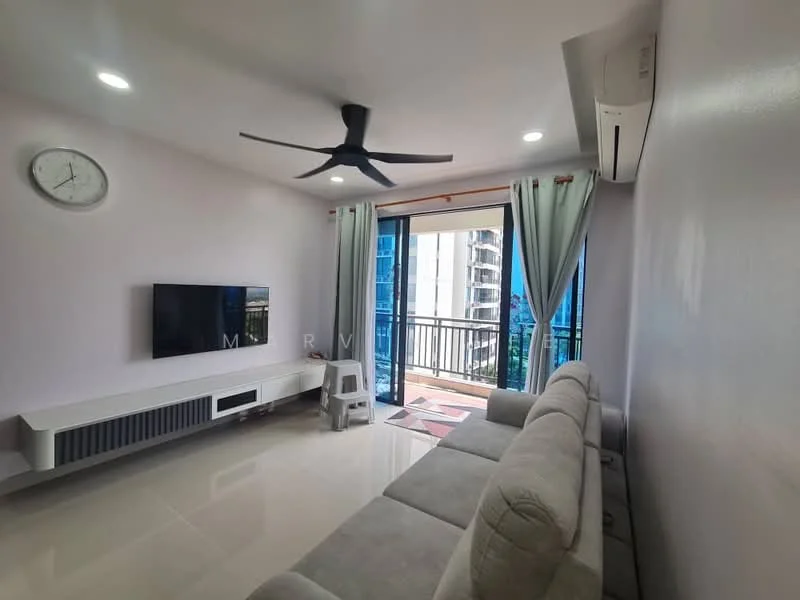 Living features: grey fabric 3-seater sofa, wall-mounted TV, white TV console, ceiling fan with light, sliding glass door, floor-to-ceiling windows, light grey painted walls, marble tile flooring, air conditioning unit, clock on wall, curtains, outdoor balcony view; style: modern; view: city.