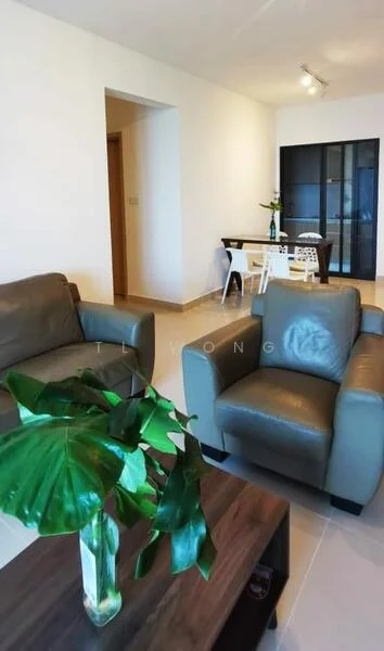 Living features: 2-seater leather sofa in grey, 2-seater leather sofa in grey, wooden coffee table, decorative houseplant in vase, light-colored tiled flooring, white painted walls, recessed downlights, open layout to dining area, large window with natural light; style: modern. Dining features: 4-seater dining table, white dining chairs, black glass cabinet in background, light-colored tiled flooring; style: modern.