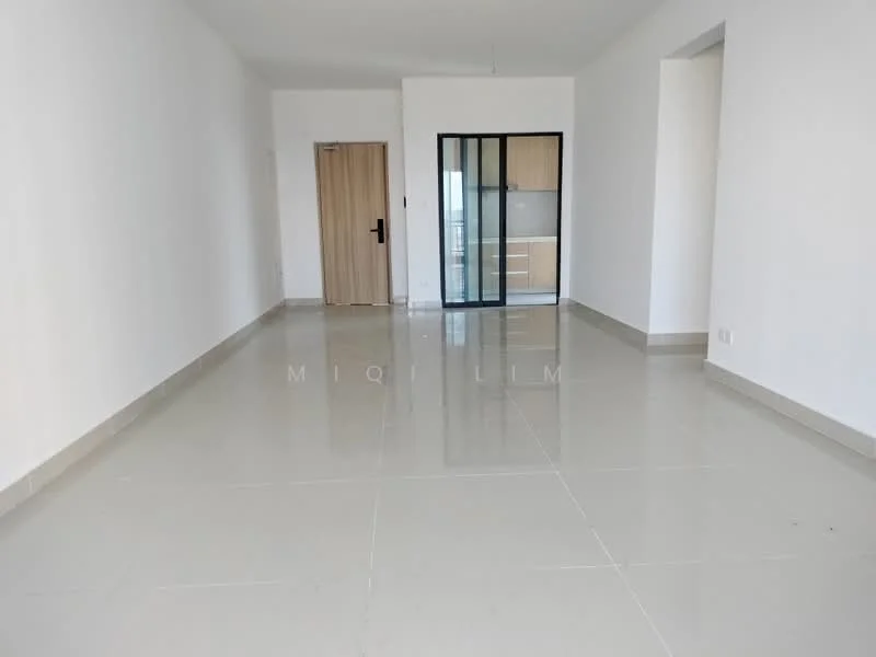 Living features: white painted walls, glossy tile flooring, floor-to-ceiling sliding glass door, neutral color scheme, recessed lighting, open layout, no visible furniture, large windows, view of kitchen area; style: modern.