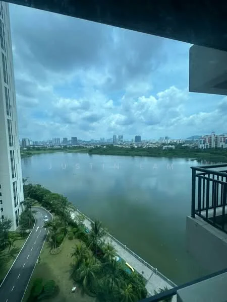 Exterior type: high-rise condominium; features: view of lake, surrounding greenery, city skyline in background, balcony railing, paved road, landscaped garden; style: modern.