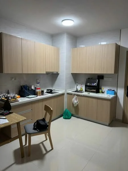 Kitchen features: light wood cabinetry, white countertops, single-bowl stainless-steel sink, chrome pull-down faucet, built-in microwave, freestanding refrigerator, ceramic tile flooring, recessed ceiling lights, wall-mounted cabinet, open shelving, dining table with chair; style: modern.