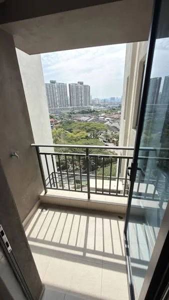 Balcony features: floor-to-ceiling sliding glass door, metal railing, tile flooring, city skyline view, concrete wall, outdoor space; style: modern; view: city.