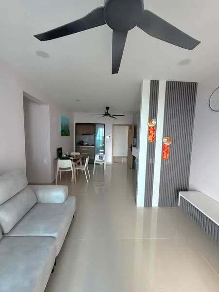 Living features: grey fabric sofa, 5-blade ceiling fan with light, recessed downlights, light-coloured walls, glossy tile flooring, wall-mounted TV, decorative wall paneling, open layout to dining area, dining table with chairs, kitchen visible in background; style: modern.