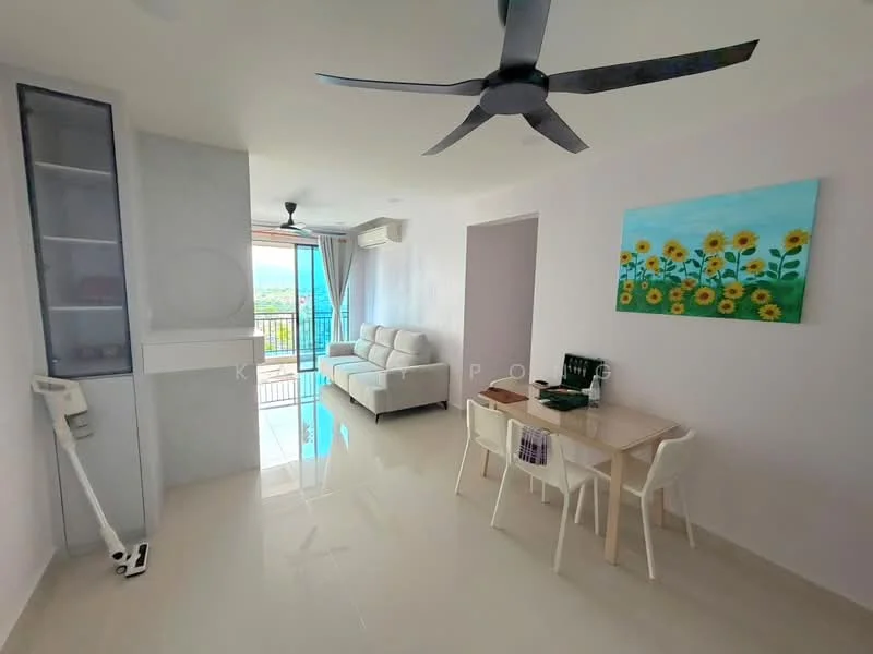 Living features: white painted walls, glossy tile flooring, 5-blade ceiling fan with light, sofa in light grey fabric, dining table for 4 with white chairs, large sliding glass door, curtains in light grey, wall-mounted artwork with sunflowers, built-in shelving unit, air conditioning unit; style: modern; view: city.