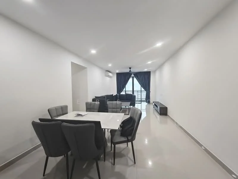 Dining features: 6-seater dining table with white marble top, upholstered dining chairs in grey, pendant light above table; style: modern; view: city. Living features: sofa in dark fabric, coffee table, TV console, floor-to-ceiling windows, curtains in dark blue, recessed LED downlights, polished tile flooring, air conditioning unit; style: modern; view: city.