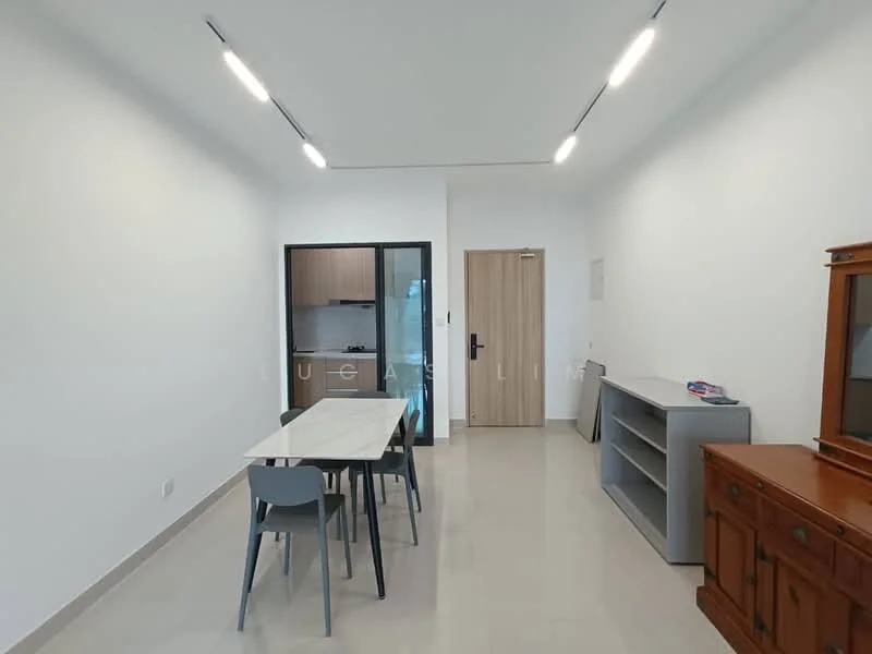 Dining features: white painted walls, tile flooring, recessed LED downlights, 6-seater dining table, grey dining chairs, open shelving unit, wooden sideboard, glass door leading to kitchen, neutral decor; style: modern. Kitchen features: kitchen cabinetry, countertop, appliances visible through glass door; style: modern.