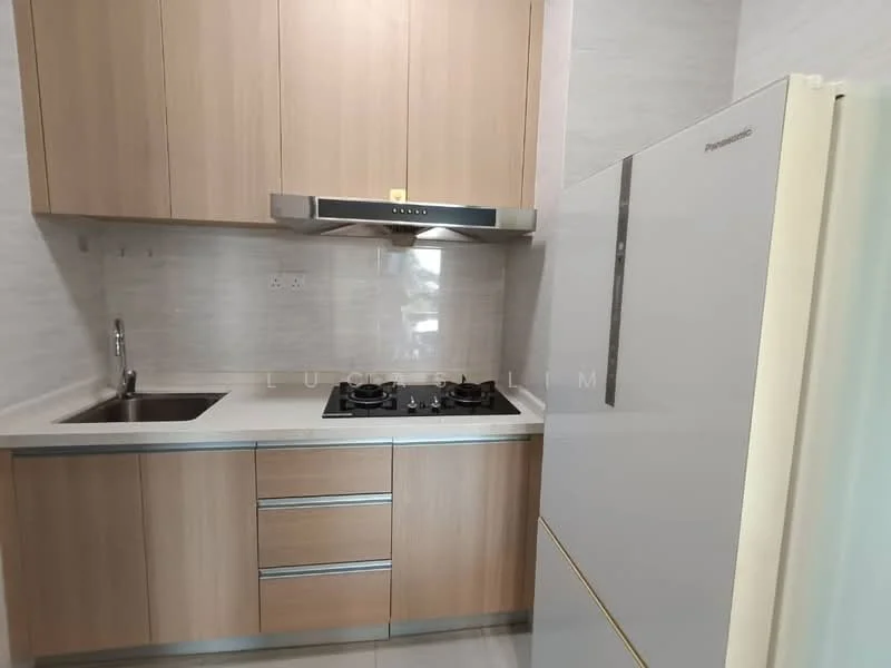 Kitchen features: light wood cabinetry, white countertop, single-bowl stainless-steel sink, chrome pull-down faucet, built-in gas hob with two burners, stainless-steel range hood, freestanding refrigerator in white, grey tiled backsplash, wall-mounted electrical outlets, under-cabinet lighting; style: modern.