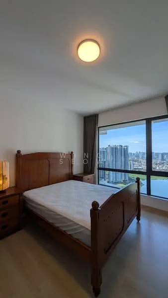 Bedroom features: wooden bed frame, mattress on bed, nightstand, floor-to-ceiling windows, city skyline view, light fixture on ceiling, laminate flooring, curtains, decorative lamp; style: modern; view: city.