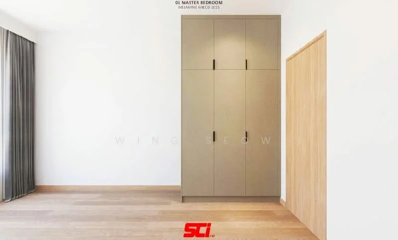 Room features: light wood flooring, white painted walls, built-in wardrobe with grey cabinetry, wooden door, floor-to-ceiling window with sheer curtains; style: modern.