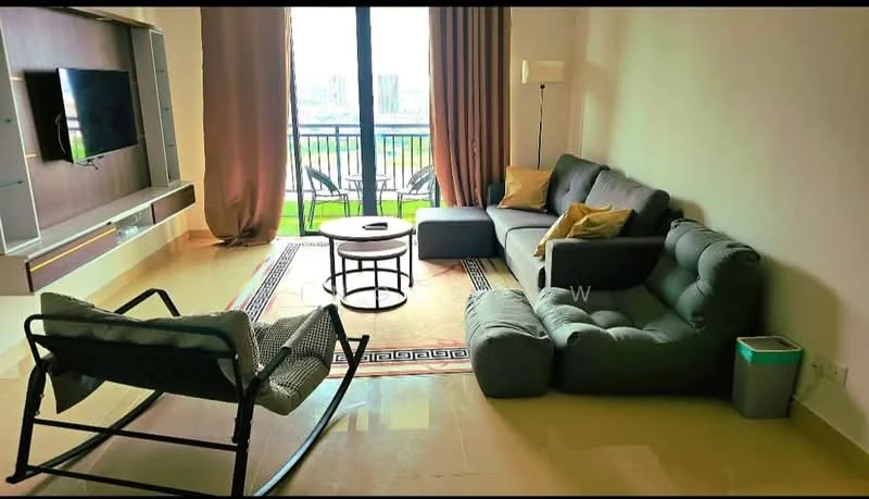 Living features: 3-seater fabric sofa in grey, 2-seater fabric sofa in dark grey, coffee table with round top, area rug with geometric pattern, wall-mounted TV, TV console, floor-to-ceiling windows, curtains in beige, light floor tiles, decorative cushions, floor lamp, rocking chair; style: modern; view: city.
