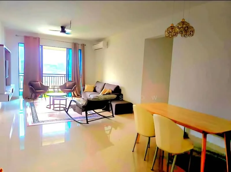 Living features: 5-blade ceiling fan with light, floor-to-ceiling windows, grey fabric sofa, 2 accent chairs, coffee table, area rug with geometric pattern, TV console, wall-mounted TV, dining table with 4 chairs, polished tile flooring, light-colored walls, curtains, decorative pendant light; style: modern; view: city.