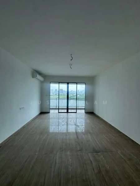 Living features: white painted walls, polished marble flooring, floor-to-ceiling windows, sliding glass door, 1 wall-mounted split AC, recessed downlights, balcony access, city view; style: modern; view: city.