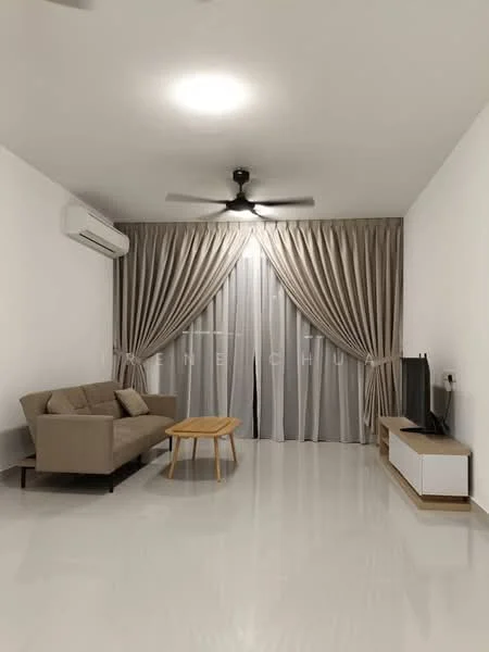 Living features: cream painted walls, polished ceramic tile flooring, 5-blade ceiling fan with light, floor-to-ceiling curtains, sofa in beige fabric, wooden coffee table, TV console in white with wooden legs, wall-mounted TV, air conditioning unit; style: modern.