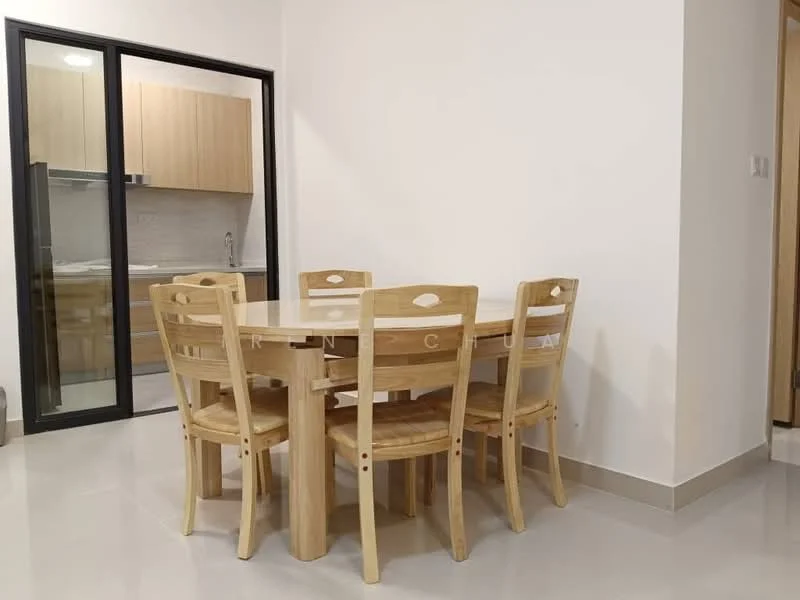 Dining features: round wooden dining table, 4 wooden dining chairs, white painted walls, grey tiled flooring, recessed downlights, open layout to kitchen, glass sliding door, kitchen cabinetry visible; style: modern.