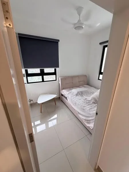 Bedroom features: queen-size bed, upholstered headboard, white bedding, white painted walls, sliding windows, blackout roller blinds, ceiling fan, glossy tile flooring, small white side table, wooden legs on side table; style: modern.