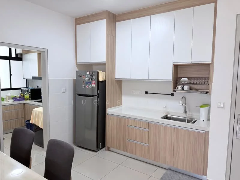 Kitchen features: white upper cabinets, wooden lower cabinets, stainless-steel fridge, single-bowl stainless-steel sink, chrome pull-down faucet, white countertop, tile backsplash, ceramic tile flooring, recessed downlights, window with black frame, open shelving, built-in dish rack; style: modern.