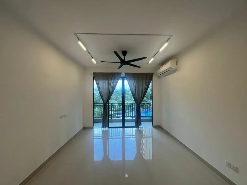 Living features: white painted walls, polished ceramic tile flooring, 5-blade ceiling fan with light, floor-to-ceiling sliding glass door, sheer curtains, air conditioning unit, recessed LED downlights, balcony view; style: modern; view: garden.
