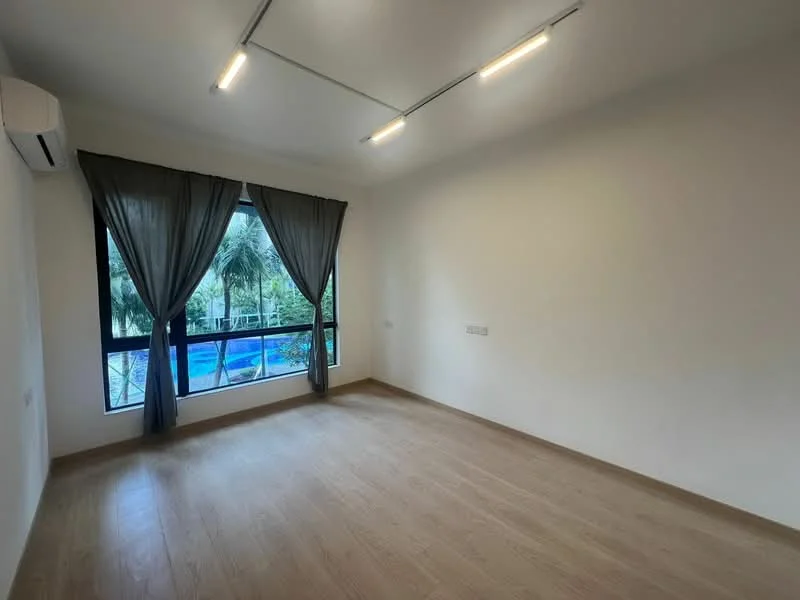 Room features: light wood laminate flooring, white painted walls, floor-to-ceiling window, blackout curtains, 1 wall-mounted split AC, LED ceiling lights; style: modern; view: garden.
