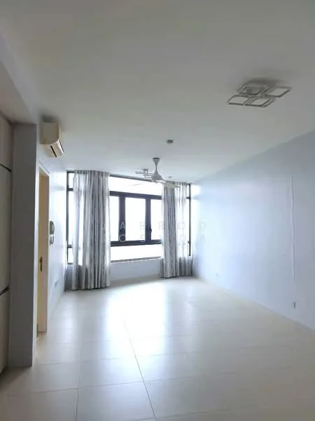 Living features: white painted walls, tile flooring, 5-blade ceiling fan with light, floor-to-ceiling windows, sheer curtains, air conditioning unit, recessed ceiling lights; style: modern; view: city.