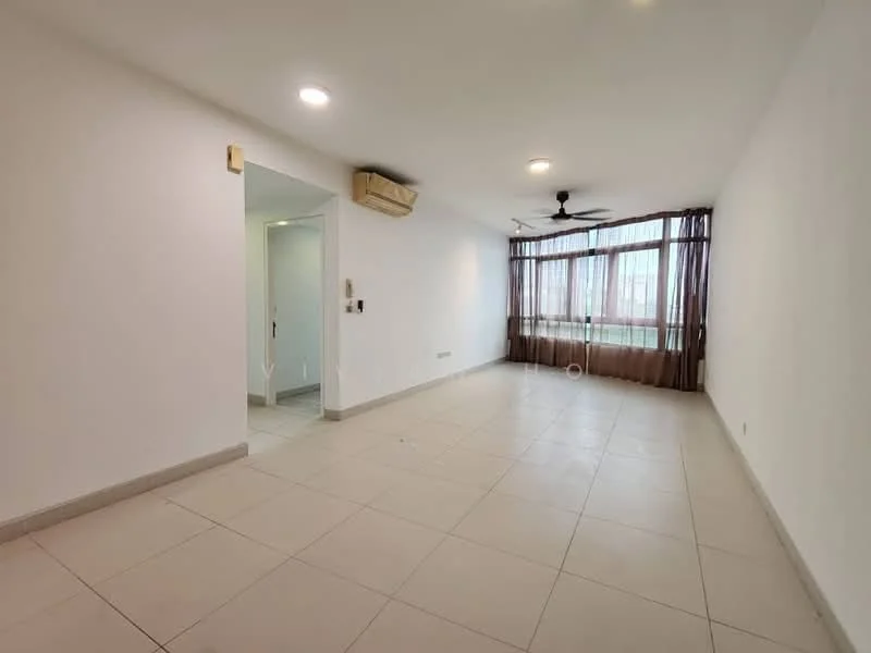 Living features: white painted walls, tile flooring, 5-blade ceiling fan with light, floor-to-ceiling windows, sheer curtains, air conditioning unit, neutral color scheme, spacious layout; style: modern. Room features: white painted walls, tile flooring, doorway leading to another room.