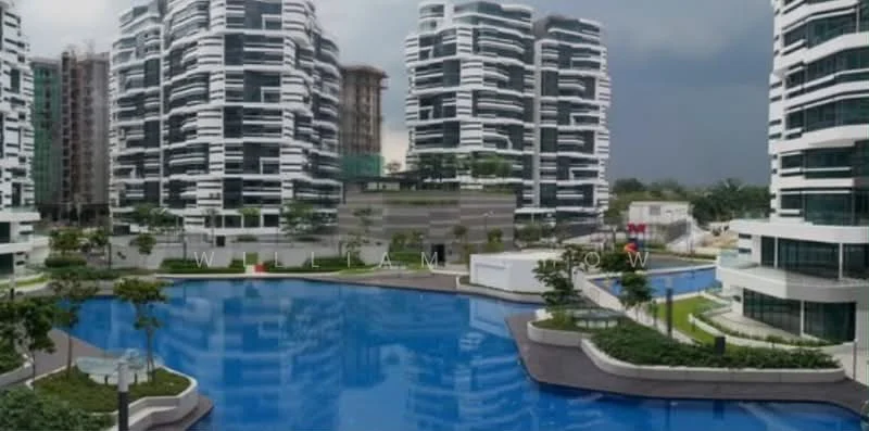 Exterior type: high-rise condominium; features: glass curtain wall, white and black striped facade, multiple high-rise buildings, swimming pool, landscaped gardens, manicured lawns, outdoor seating areas, water features, surrounded by greenery, modern architectural design; style: modern.