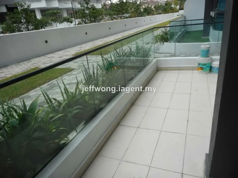 Room features: glass railing, tiled flooring, potted plants, green lawn, stone-paved walkway; style: modern; view: garden.