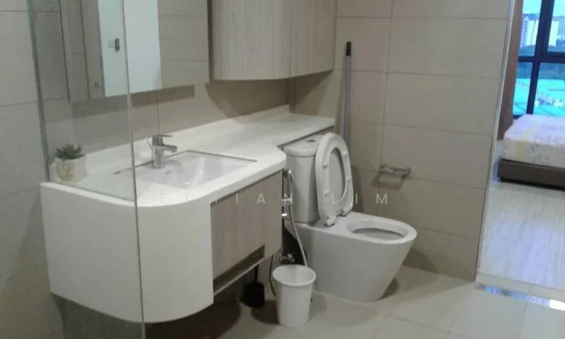 Bathroom features: single-sink vanity with wood cabinet, chrome basin mixer faucet, framed mirror, one-piece toilet, tile flooring, light-colored wall tiles, white countertop, built-in storage cabinet; style: modern.