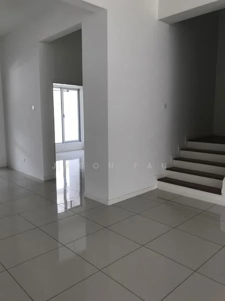 Room features: white painted walls, glossy tile flooring, staircase with wooden steps, large windows, natural light, open space layout; style: modern.