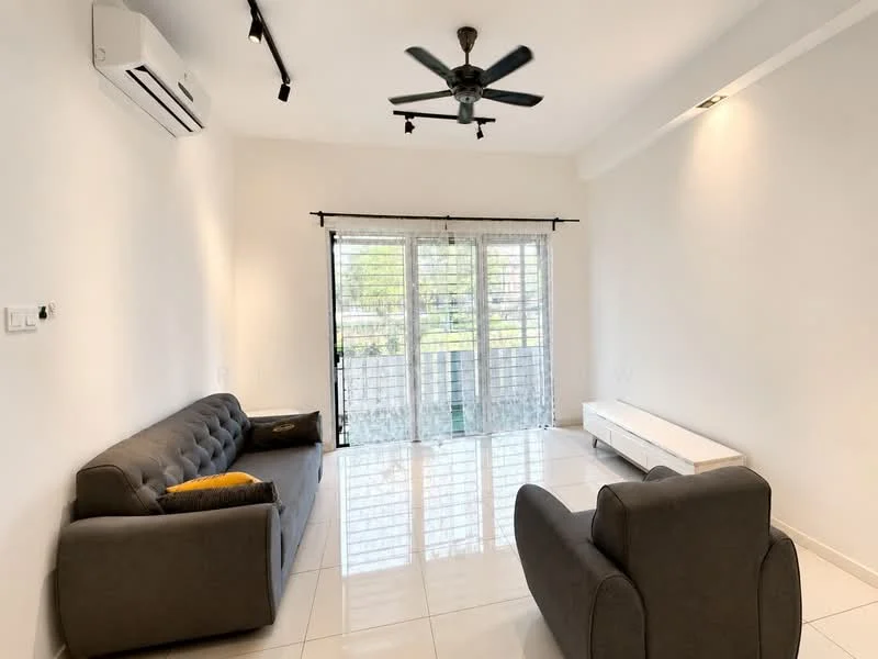 Living features: grey fabric 3-seater sofa, grey fabric armchair, white TV console, floor-to-ceiling windows, sheer curtains, white walls, polished tile flooring, 5-blade ceiling fan with light, wall-mounted split AC; style: modern; view: garden.