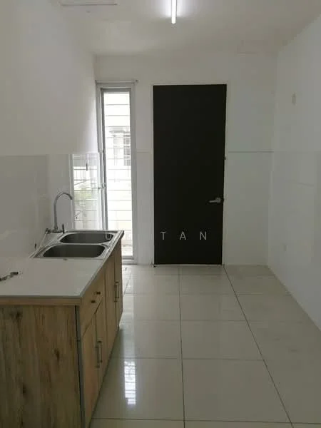 Kitchen features: double-bowl stainless-steel sink, chrome pull-down faucet, laminate countertop, wood cabinetry with natural finish, white tiled backsplash, white painted walls, glossy floor tiles, window with sliding glass, black door; style: modern.