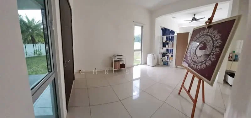 Room features: white painted walls, glossy tile flooring, floor-to-ceiling windows, sliding glass door, ceiling fan, framed artwork, built-in shelving, laundry area with washing machine, open space layout; style: modern; view: garden.