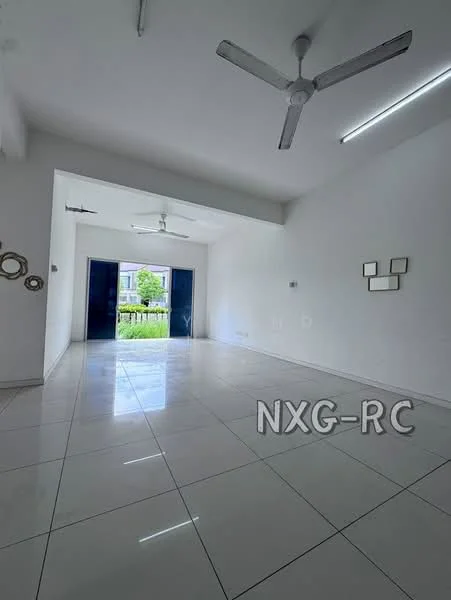 Living features: white painted walls, glossy white tile flooring, 2 ceiling fans, large sliding glass doors, natural light from doors, minimalist decor, wall-mounted mirrors, open layout; style: modern; view: garden.