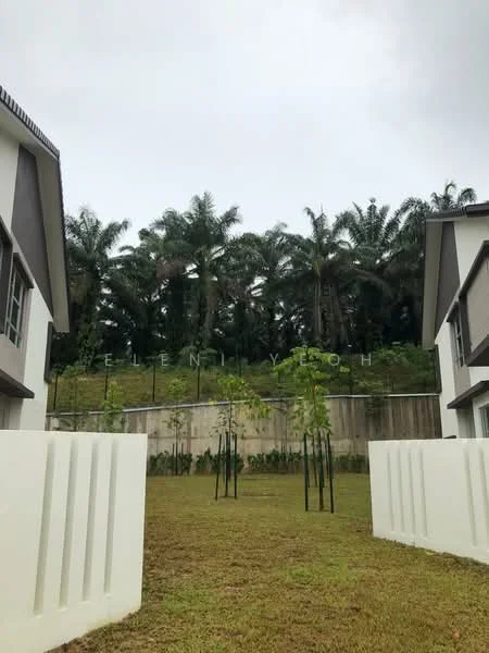 Exterior type: linked terrace house; features: white painted facade, two-storey building, manicured lawn, landscaped garden with young trees, fenced perimeter, surrounded by palm trees, grey roof, concrete pathway; style: modern.