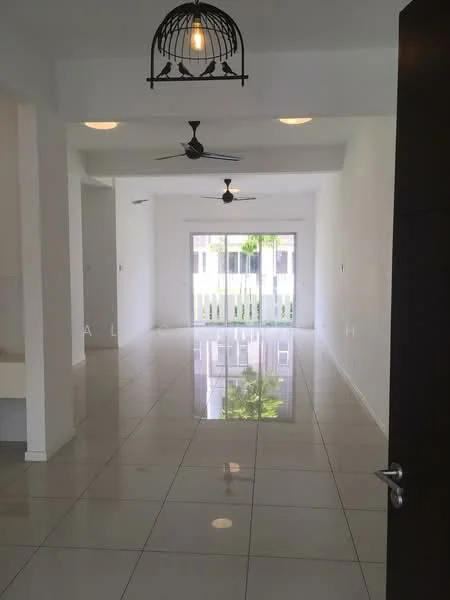 Living features: white painted walls, glossy ceramic tile flooring, 2 ceiling fans, recessed downlights, sliding glass door, floor-to-ceiling windows, natural light, open layout; style: modern; view: garden.