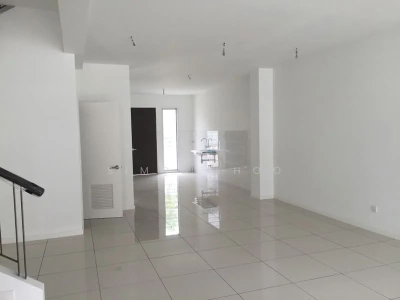Room features: white painted walls, glossy tile flooring, recessed downlights, open layout, large windows, sliding glass door, neutral color scheme, minimalist design; style: modern.
